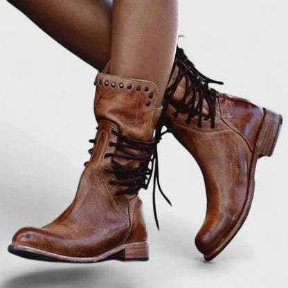 Imogen Women's Faux Leather Lace Up Studded Low Block Heel Knee High Boots, view 4