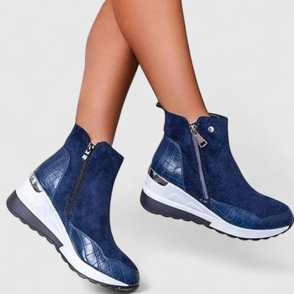 Nora Women's Wedge Platform Side Zip Croc Effect Ankle Boots, view 3