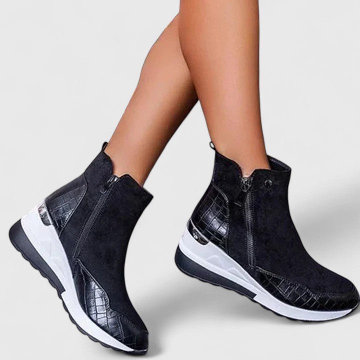 Nora Women's Wedge Platform Side Zip Croc Effect Ankle Boots, view 5
