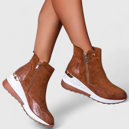 Nora Women's Wedge Platform Side Zip Croc Effect Ankle Boots, view 6