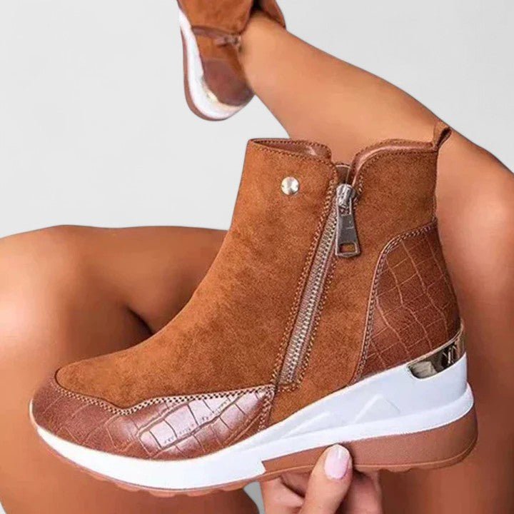 Nora Women's Wedge Platform Side Zip Croc Effect Ankle Boots, view 7